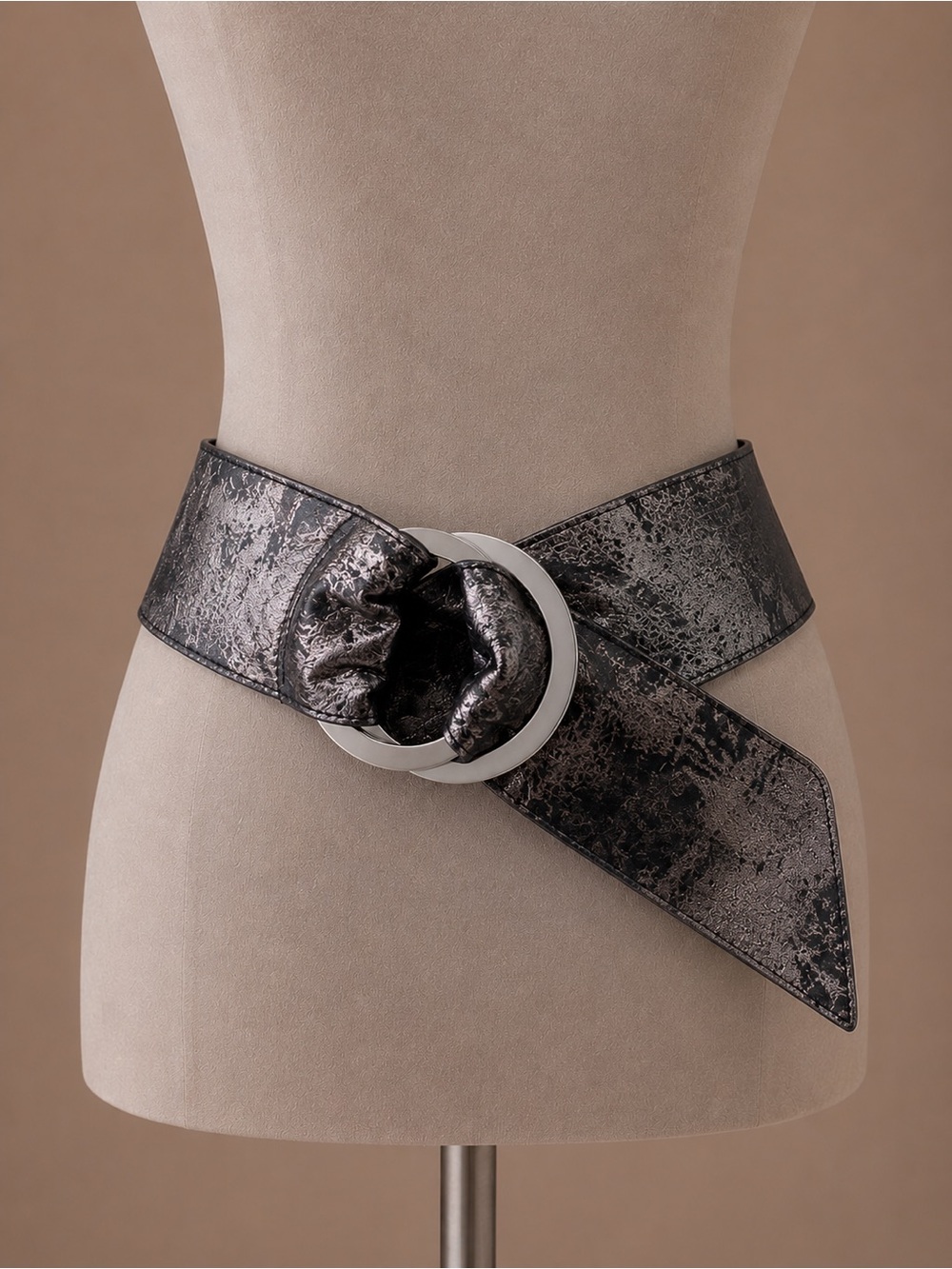 BRAVE Beltworks Metallic Leather Wide Statement Waist Belt Oversized Buckle